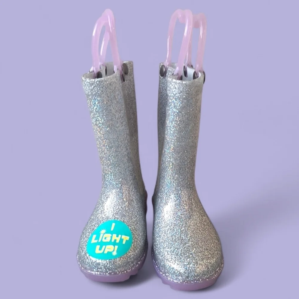 Western Chief Abby Glitter Lighted Silver Rain Boots Size 5